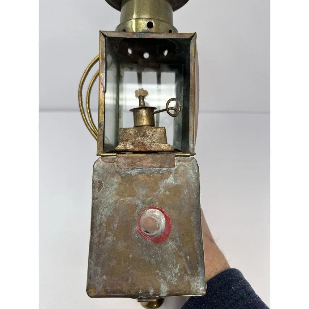 Antique Brass Beveled Glass Buggy Carriage Oil Lamp Lantern Coach Light